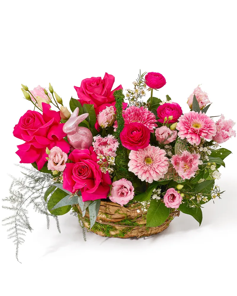 Aranjament de Paste cu trandafiri, gerbera, lalele și ranunculus „Angelic Peace”