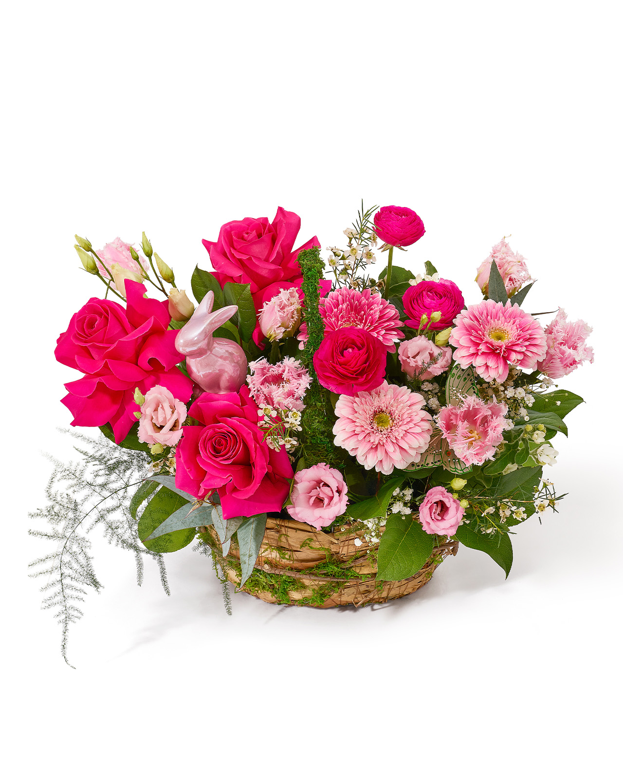 Aranjament de Paste in cos cu trandafiri fucsia, gerbera roz, lalele, lisianthus si ranunculus „Angelic Peace”