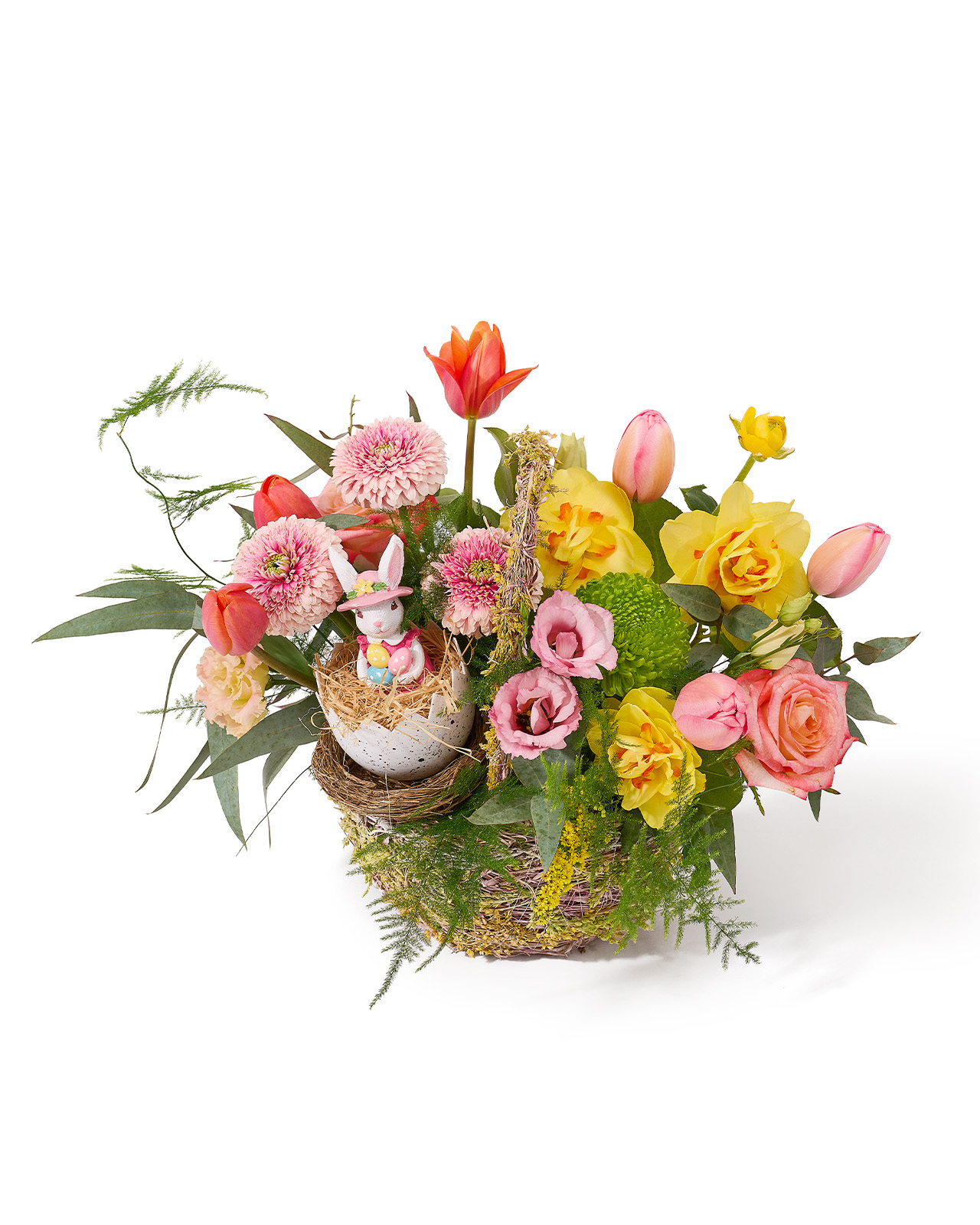 Aranjament de Paste in cos cu trandafiri roz, lalele, narcise, minigerbera si lisianthus roz „Flower Symphony”