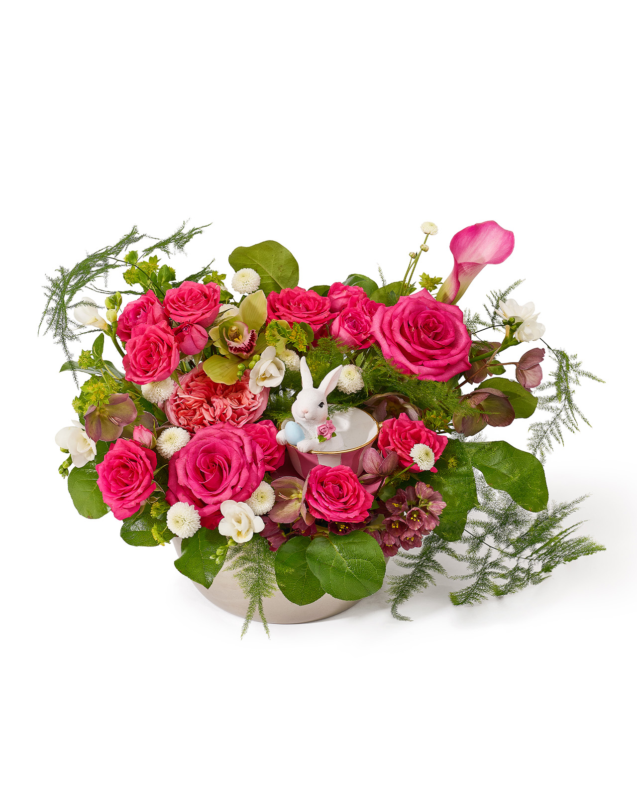Aranjament de Paste in vas ceramic cu trandafiri fucsia, minirose roz, cala, frezii si cymbidium „Divine Serenity”