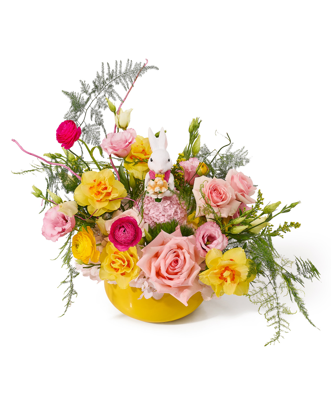 Aranjament de Paste in vas ceramic cu trandafiri roz, narcise, hortensie, ranunculus si minirose „Morning Serenity”