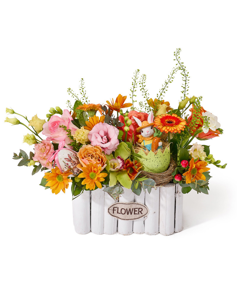 Aranjament de Paste pastelat cu trandafiri portocalii, lisianthus si minigerbera „Spring Essence”-2