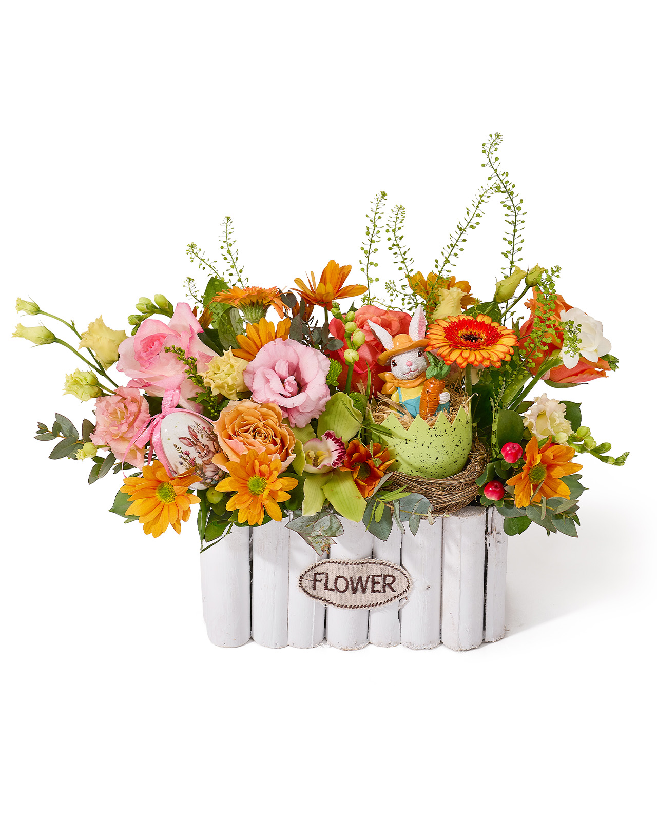Aranjament de Paste pastelat cu trandafiri portocalii, lisianthus si minigerbera „Spring Essence”