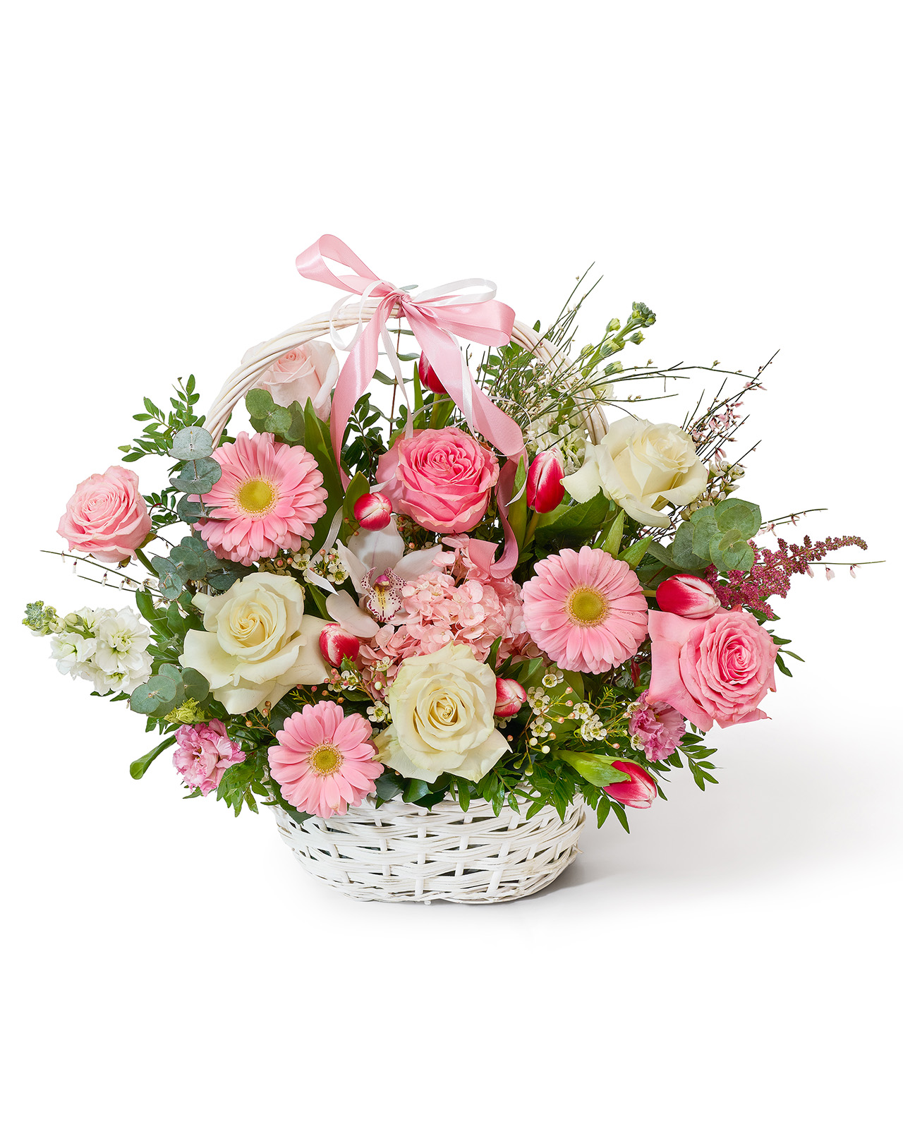 Aranjament floral cu hortensie și trandafiri „Crystal Dawn”