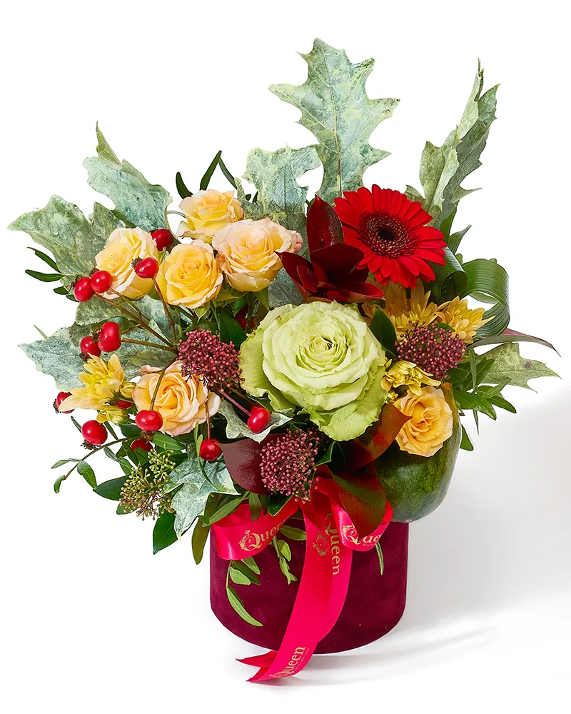 Aranjament floral cu trandafir și minirose „Golden Harvest Glow”