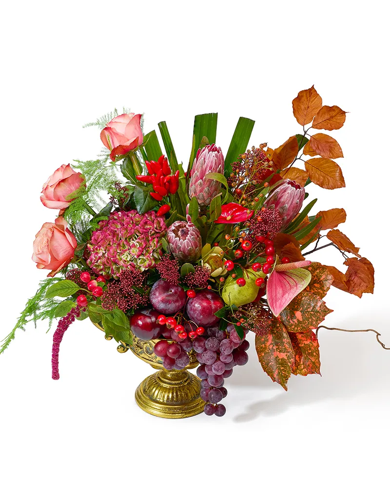 Aranjament floral cu trandafiri, anthurium și hortensie „Harvest Splendor”