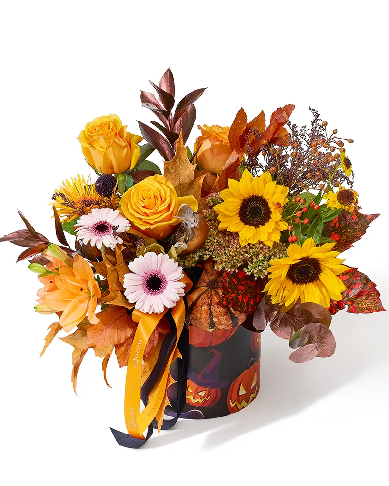 Aranjament floral cu trandafiri, helianthus și crin „Rustic Glow”