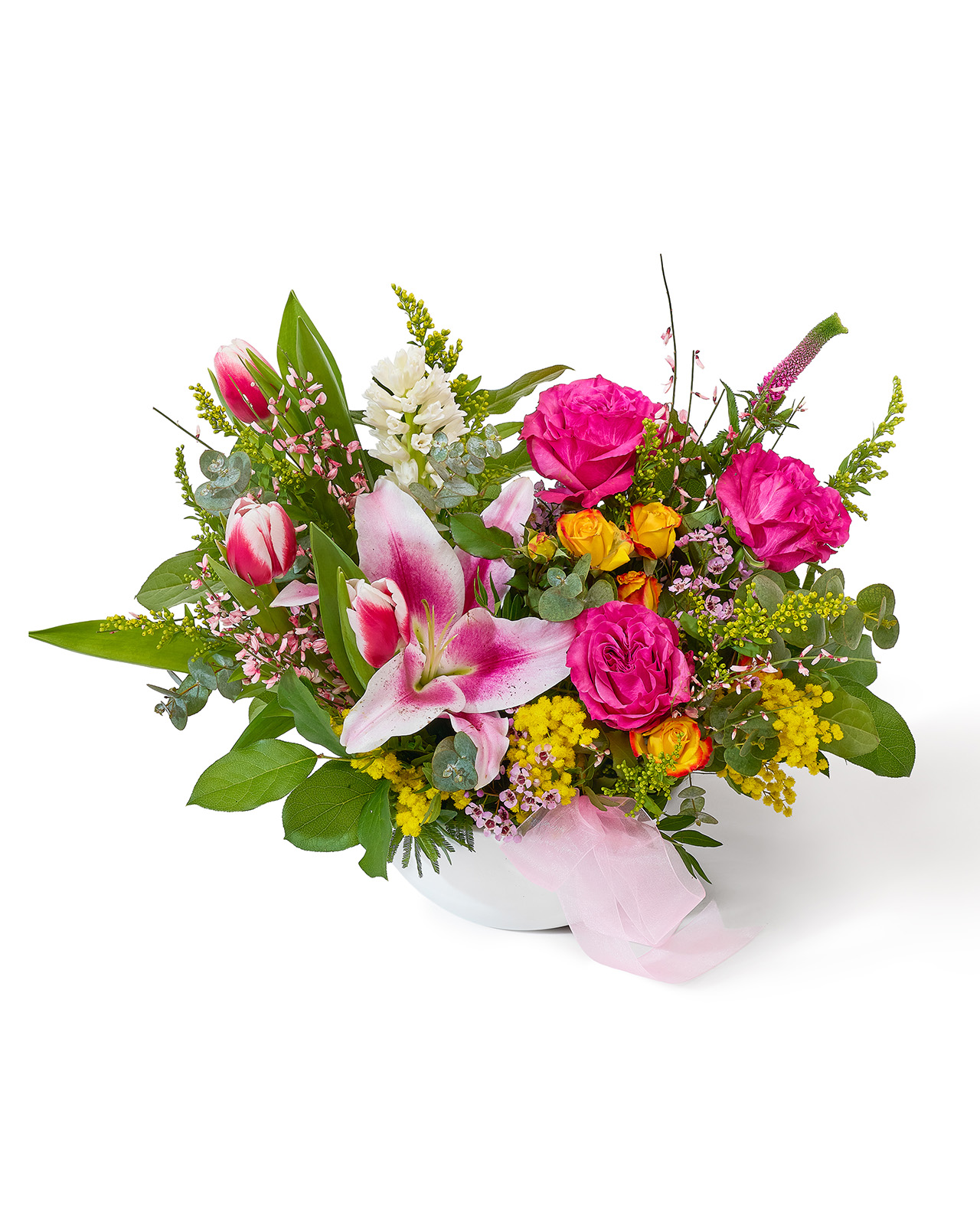 Aranjament floral cu trandafiri și crin „Morning Whisper”