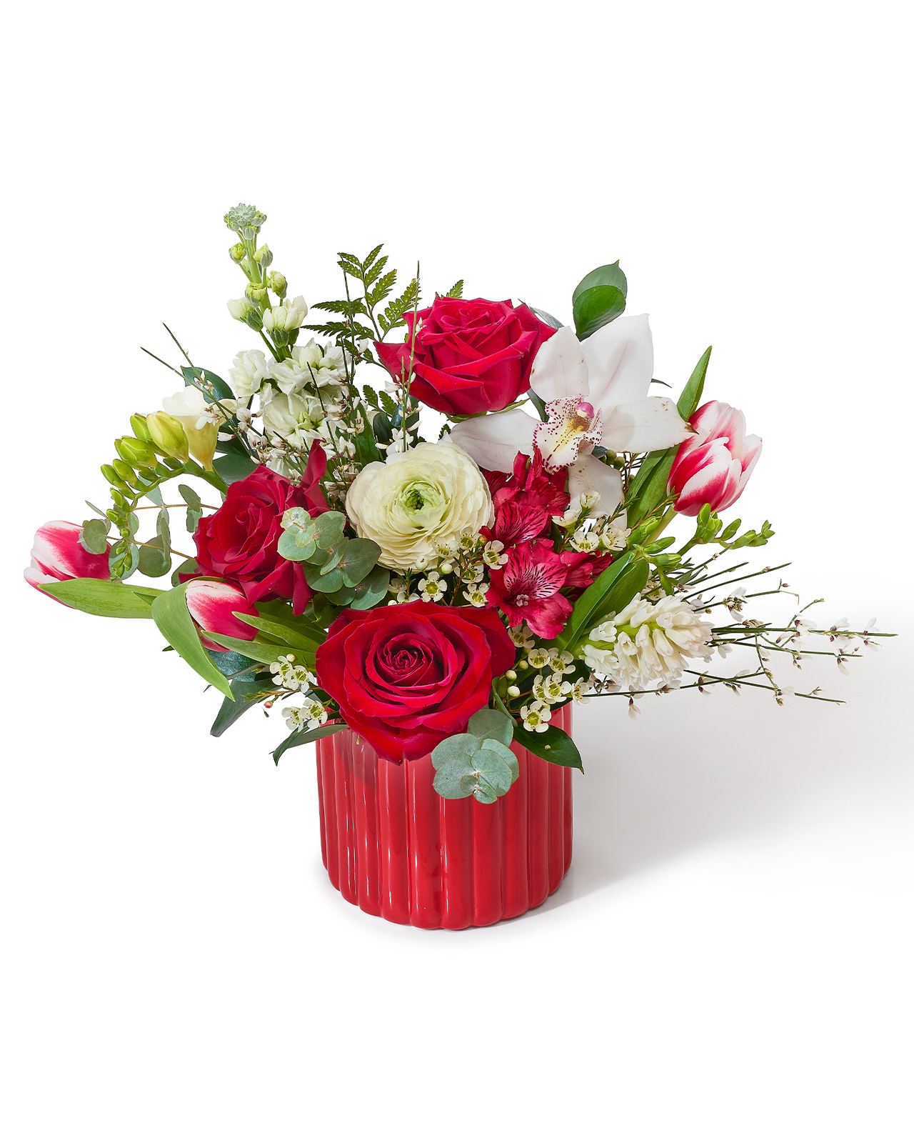Aranjament floral cu trandafiri și lalele „Petal Radiance”