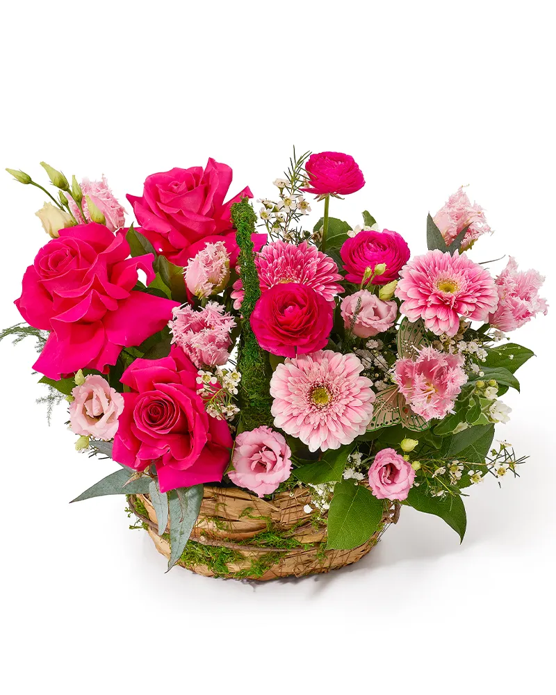 Aranjament floral in cos cu trandafiri fucsia, gerbera roz, lalele, lisianthus si ranunculus „Coral Lullaby”