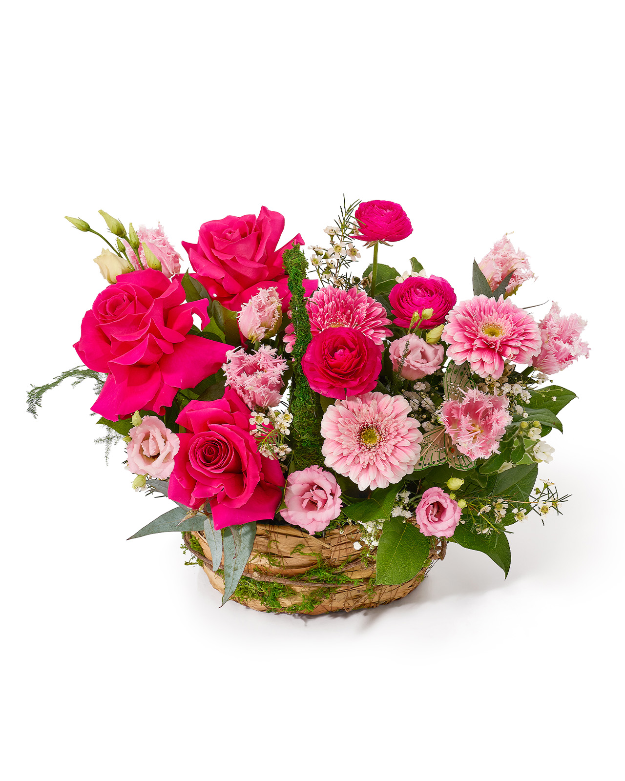 Aranjament floral in cos cu trandafiri fucsia, gerbera roz, lalele, lisianthus si ranunculus „Coral Lullaby”