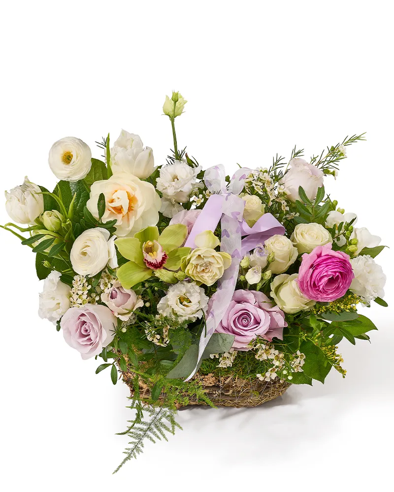 Aranjament floral in cos cu trandafiri mov, ranunculus alb, lalele albe, narcise si frezii „Summer Lace”