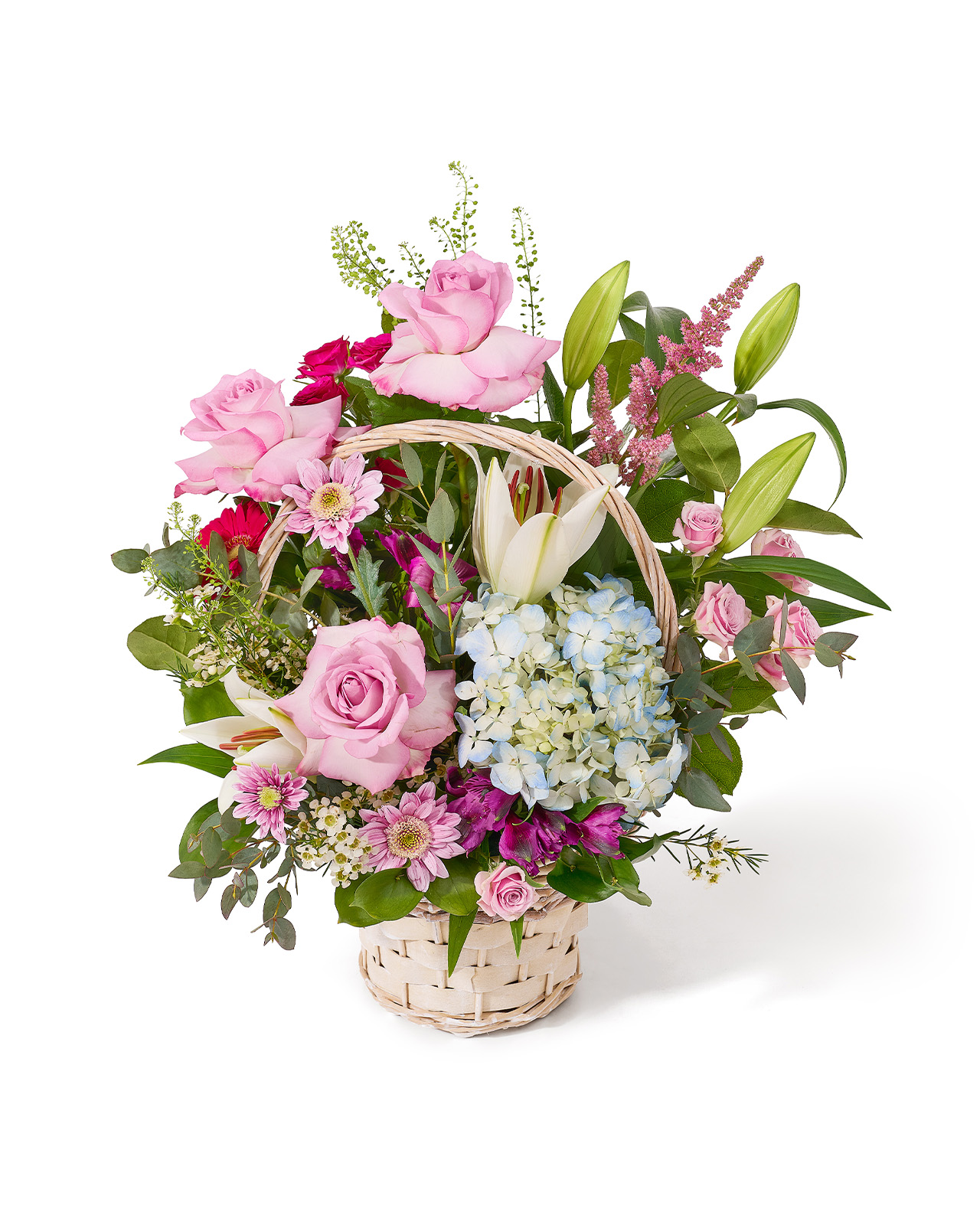 Aranjament floral in cos de lemn cu crin alb, hortensie bleu, trandafiri mov, minirose si alstroemeria „Amber Bloom”