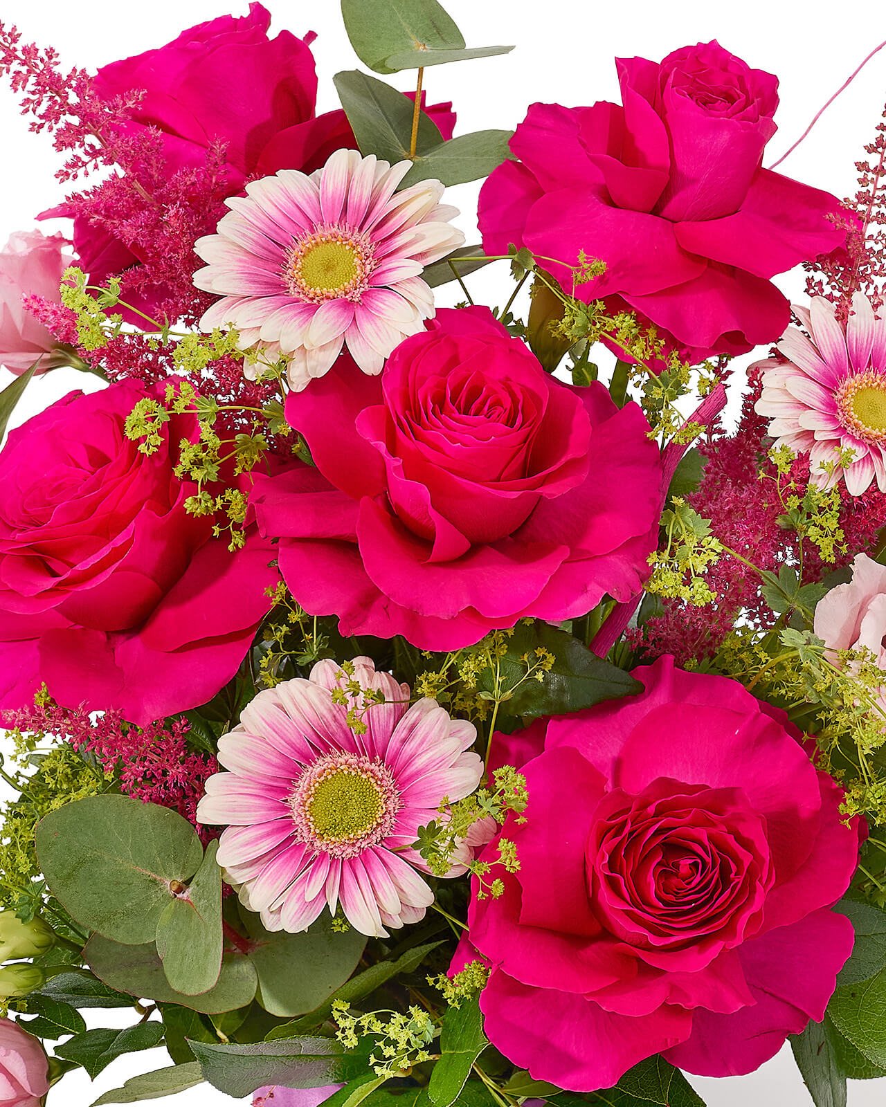 Aranjament floral in cutie de catifea cu trandafiri fucsia, lisianthus roz, minigerbera si astilbe „Amber Petal Dream”