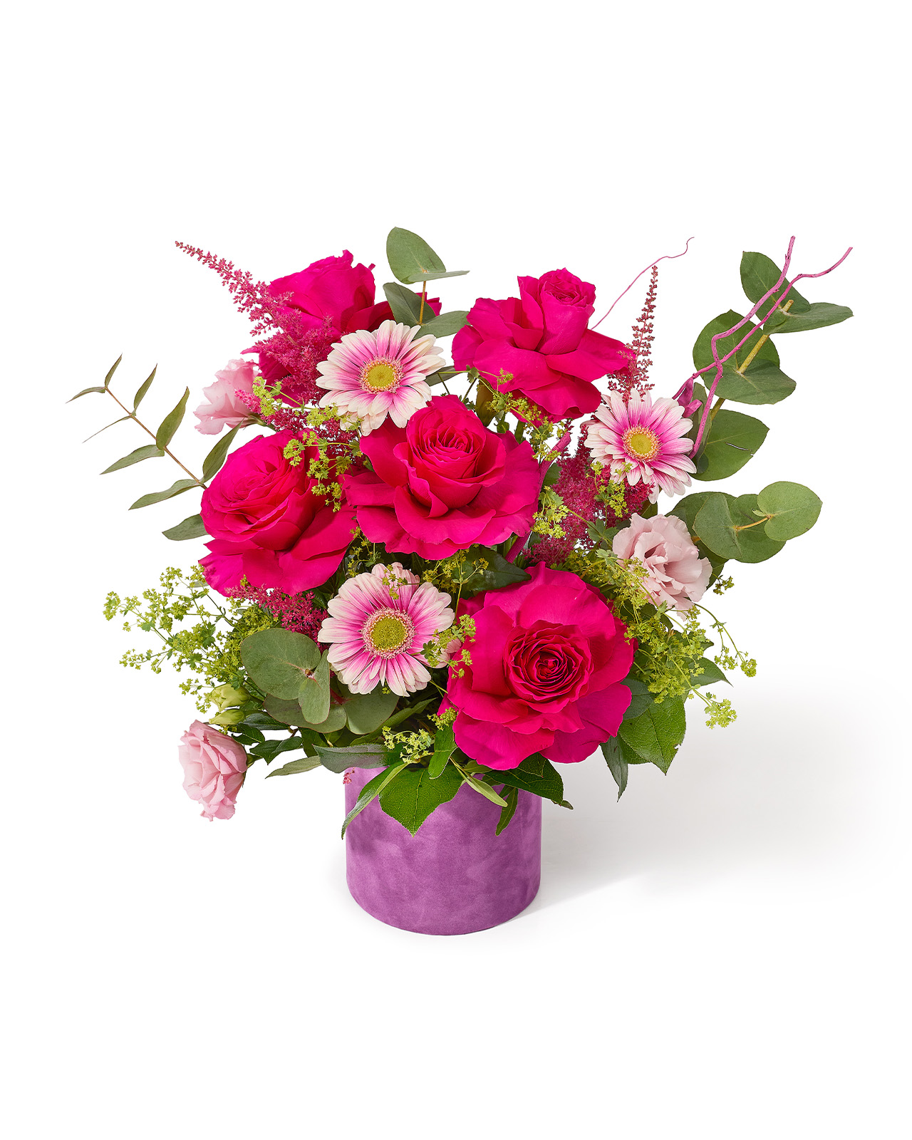Aranjament floral in cutie de catifea cu trandafiri fucsia, lisianthus roz, minigerbera si astilbe „Amber Petal Dream”