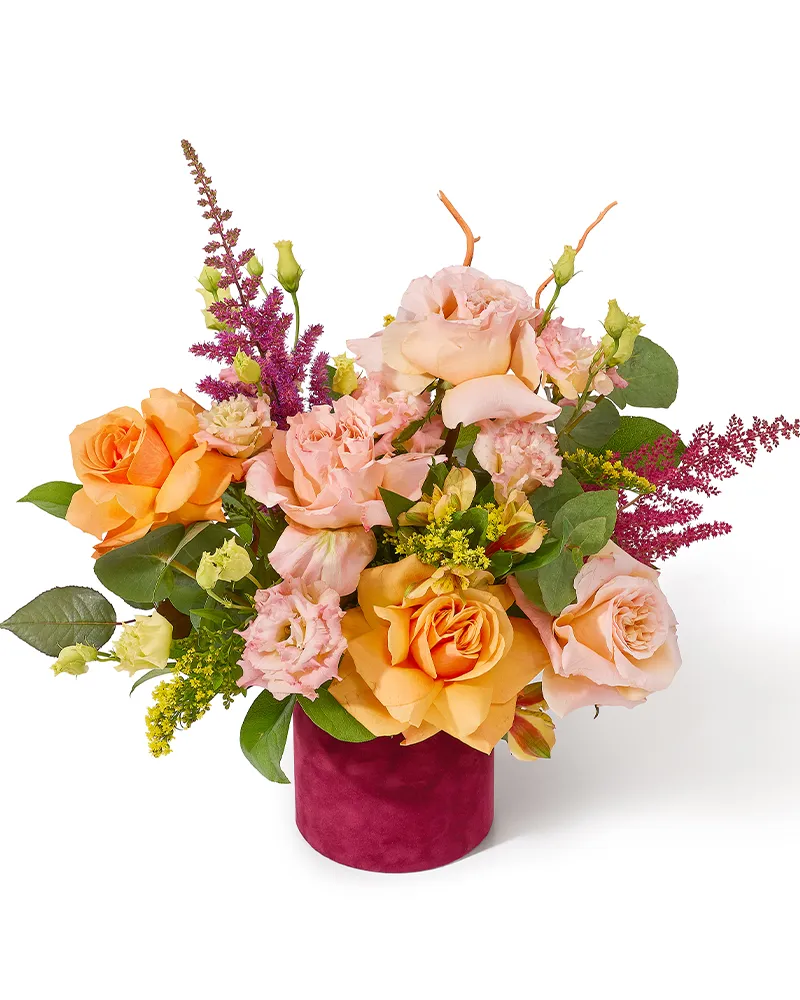 Aranjament floral in cutie de catifea cu trandafiri somon si portocalii, lisianthus, alstroemeria si astilbe „Summer Glow”