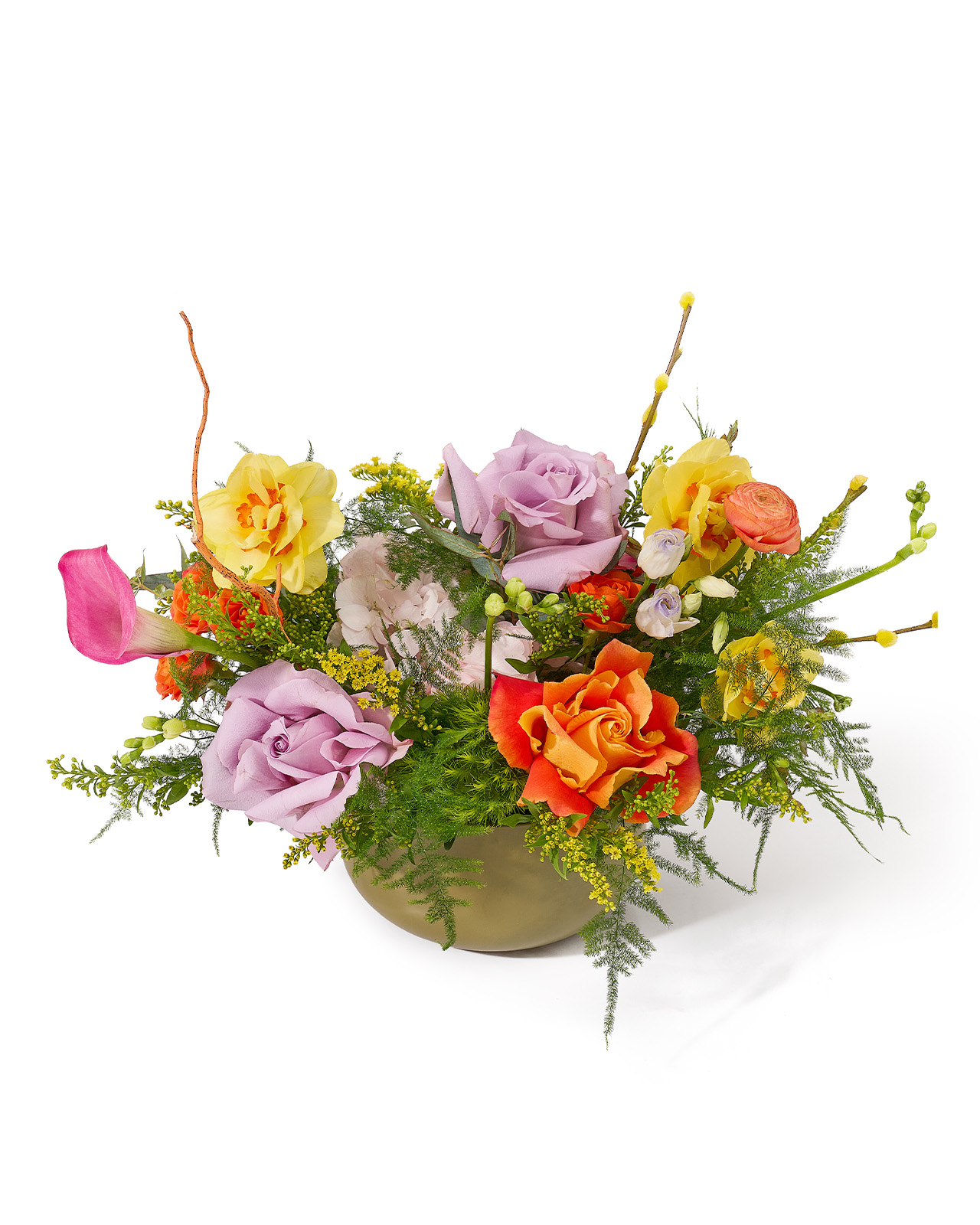 Aranjament floral in vas ceramic cu trandafiri mov si portocalii, hortensie roz, cala si lisianthus „Radiant Bouquet”