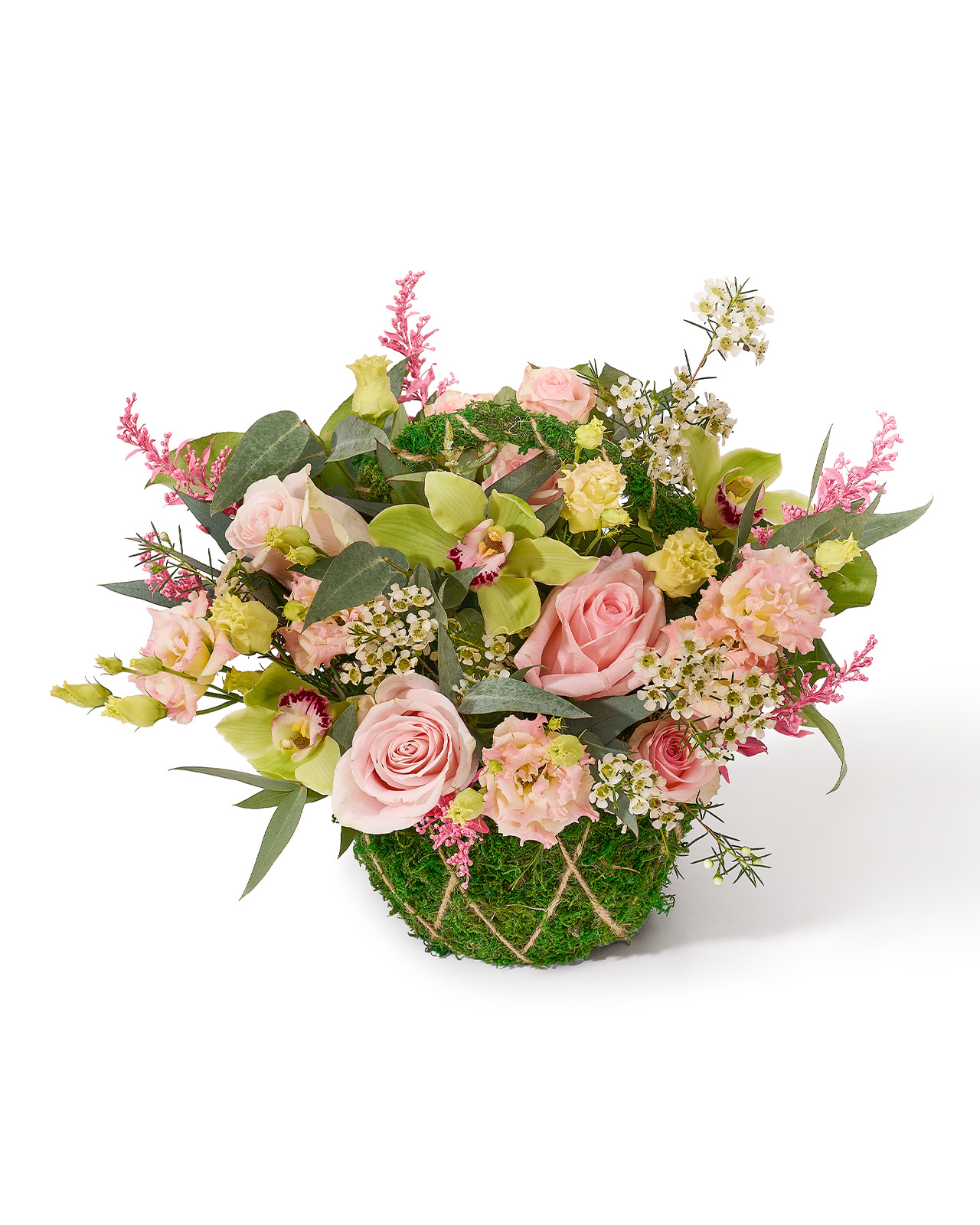 Aranjament floral în coș cu trandafiri, cymbidium si lisianthus „Rose Breeze”
