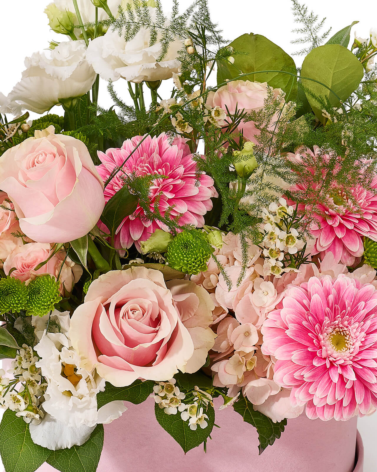 Aranjament floral în cutie cu flori roz, cu trandafiri, hortensie si gerbera „Rosy Horizon”