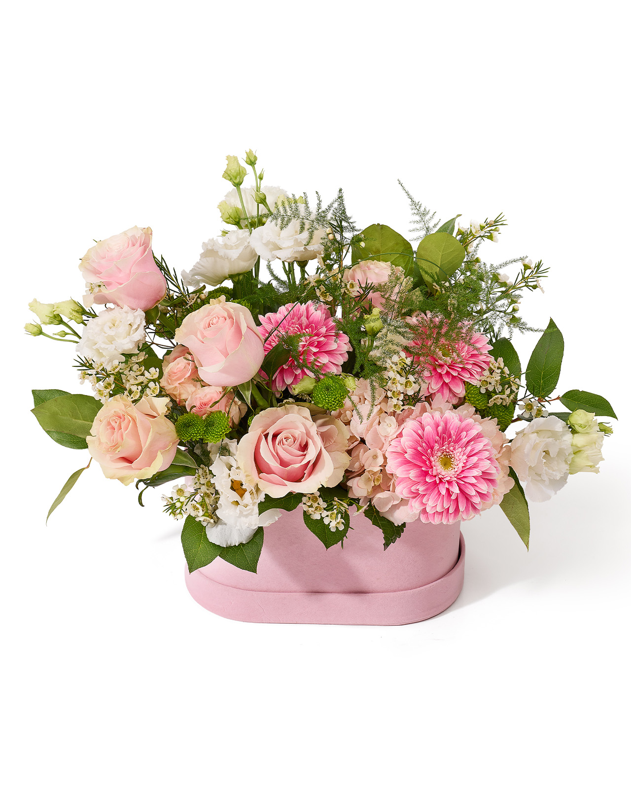 Aranjament floral în cutie cu flori roz, cu trandafiri, hortensie si gerbera „Rosy Horizon”