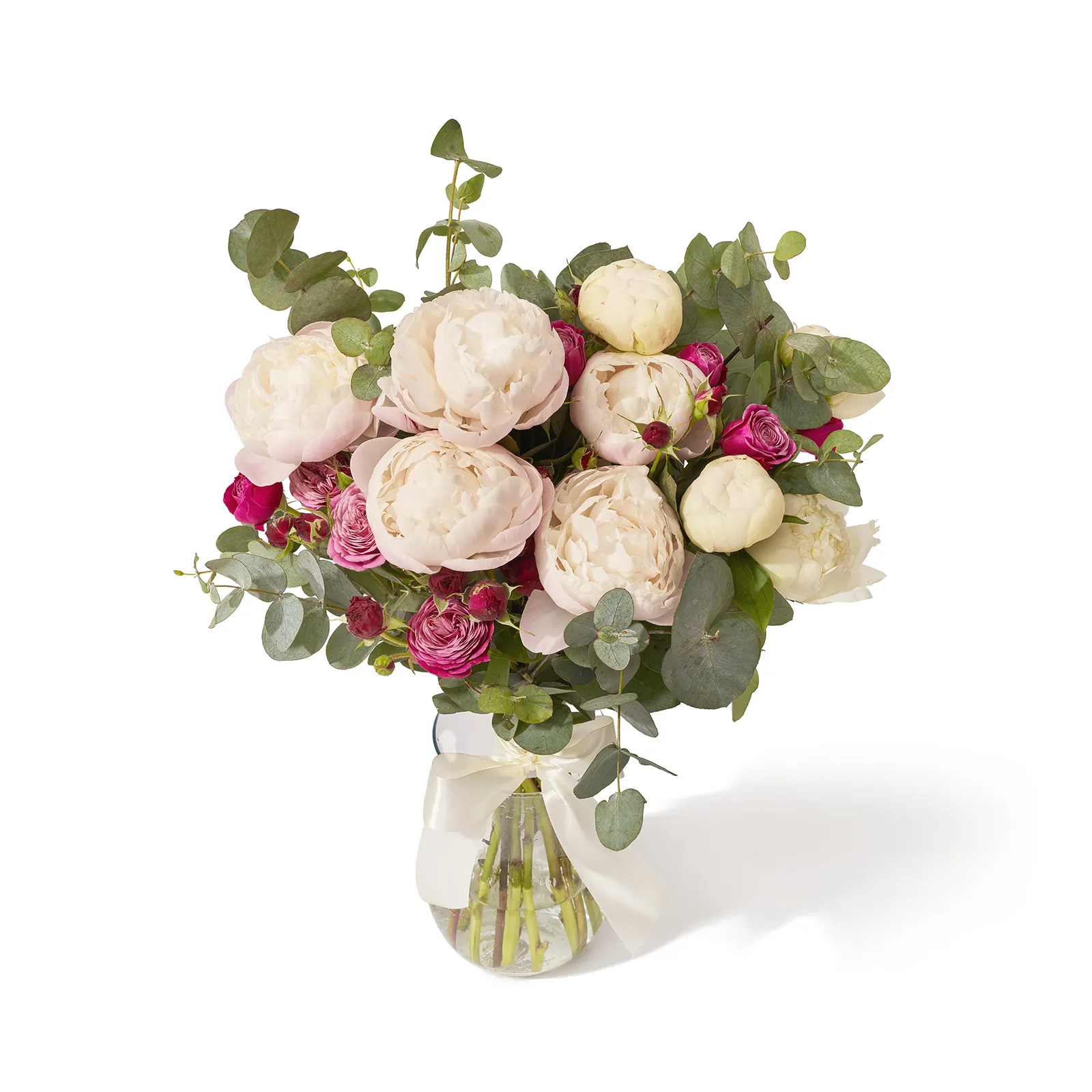 Buchet cu bujori, minirose si eucalipt „Blush Elegance”