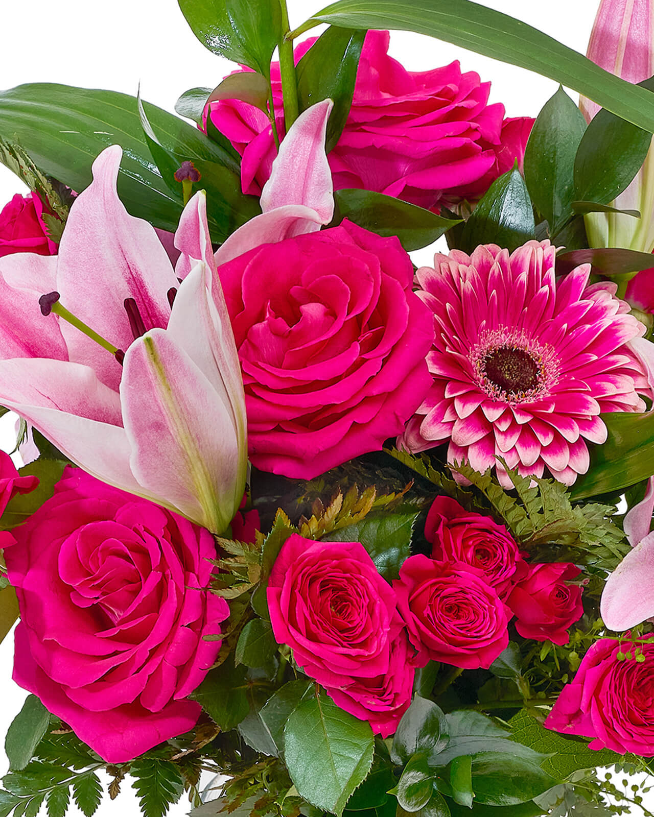 Buchet cu crin, trandafiri și minirosă „Pure Delight”