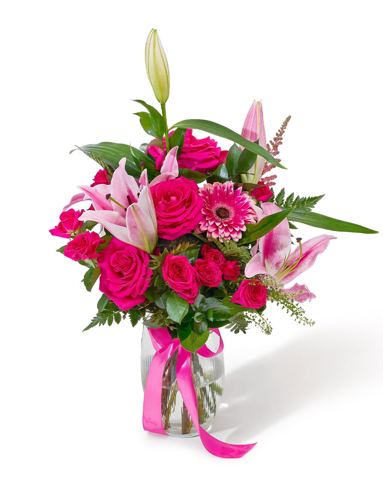 Buchet cu crin, trandafiri și minirosă „Pure Delight”