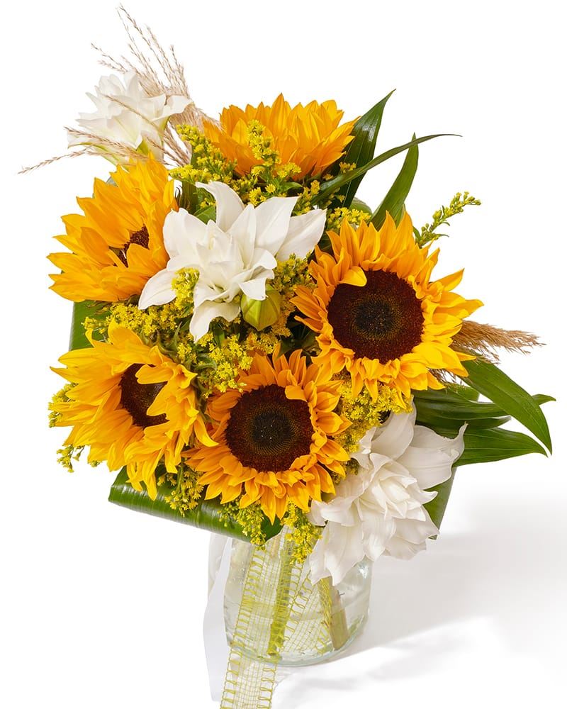 Buchet cu crini, helianthus si solidago „Sunshine Harmony”