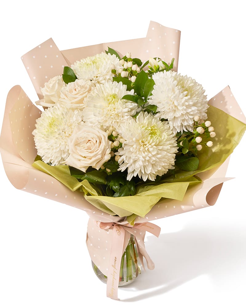 Buchet cu crizanteme, trandafiri si hypericum „Autumn Glow”-1