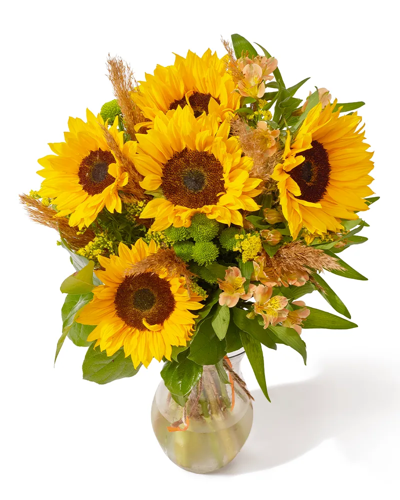Buchet cu helianthus, alstromeria si solidago „Sunset Meadow”