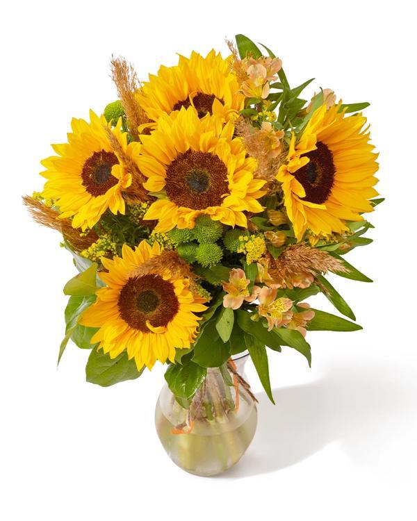 Buchet cu helianthus, alstromeria si solidago „Sunset Meadow”