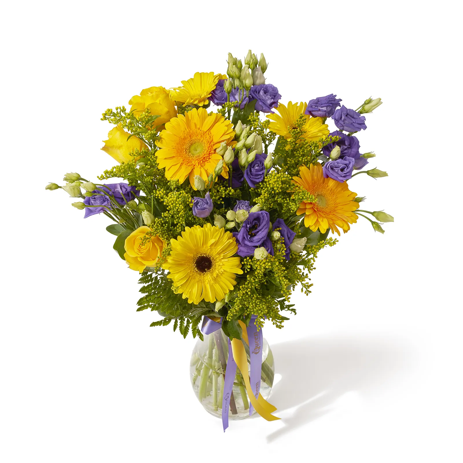 Buchet cu minigerbere, trandafiri si lisianthus „Sunny Delight”