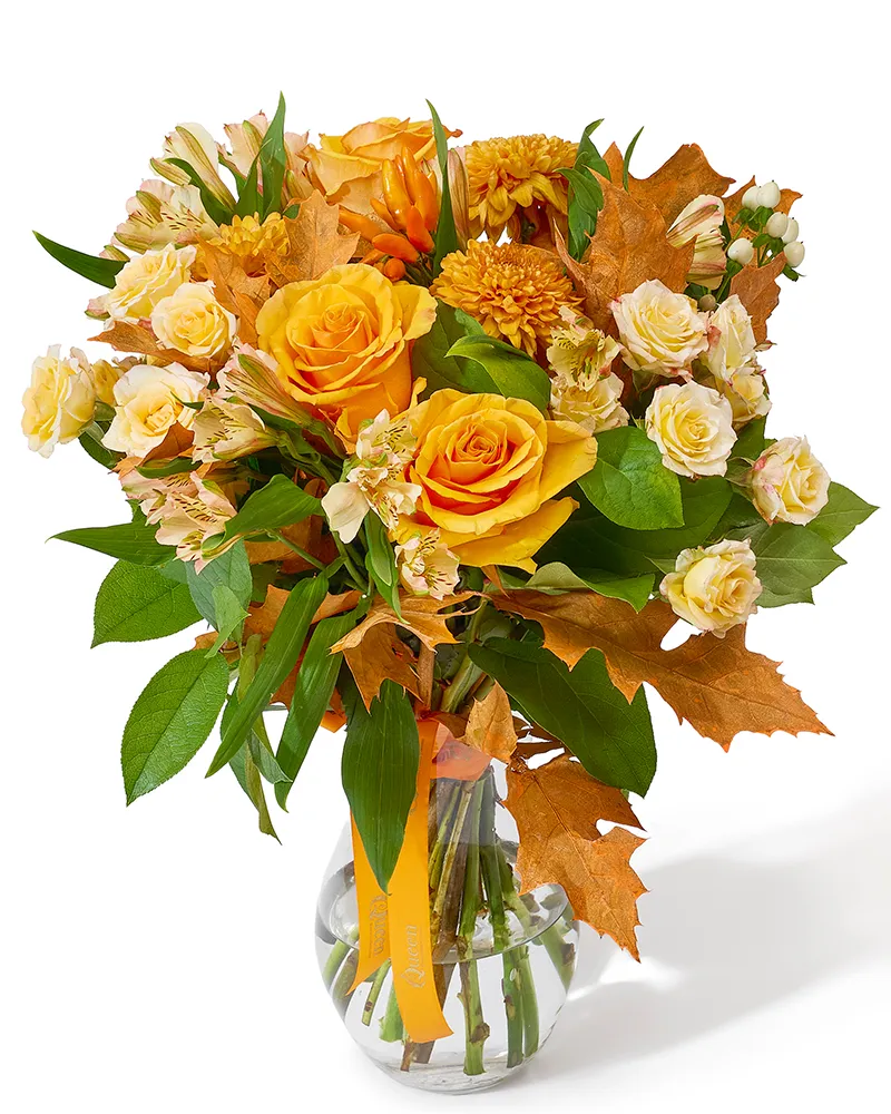 Buchet cu trandafiri, alstroemeria și crizanteme „Amber Touch”