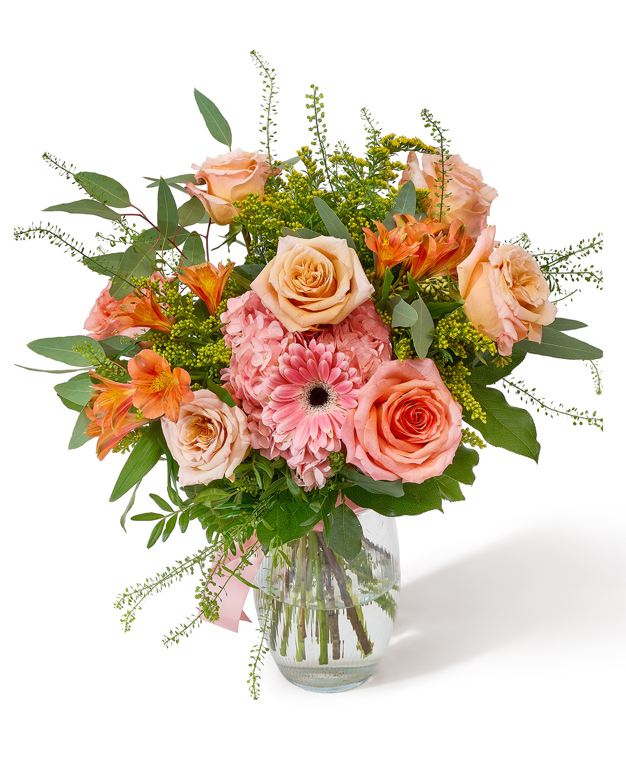 Buchet cu trandafiri, alstroemeria și hortensie „Golden Grace”