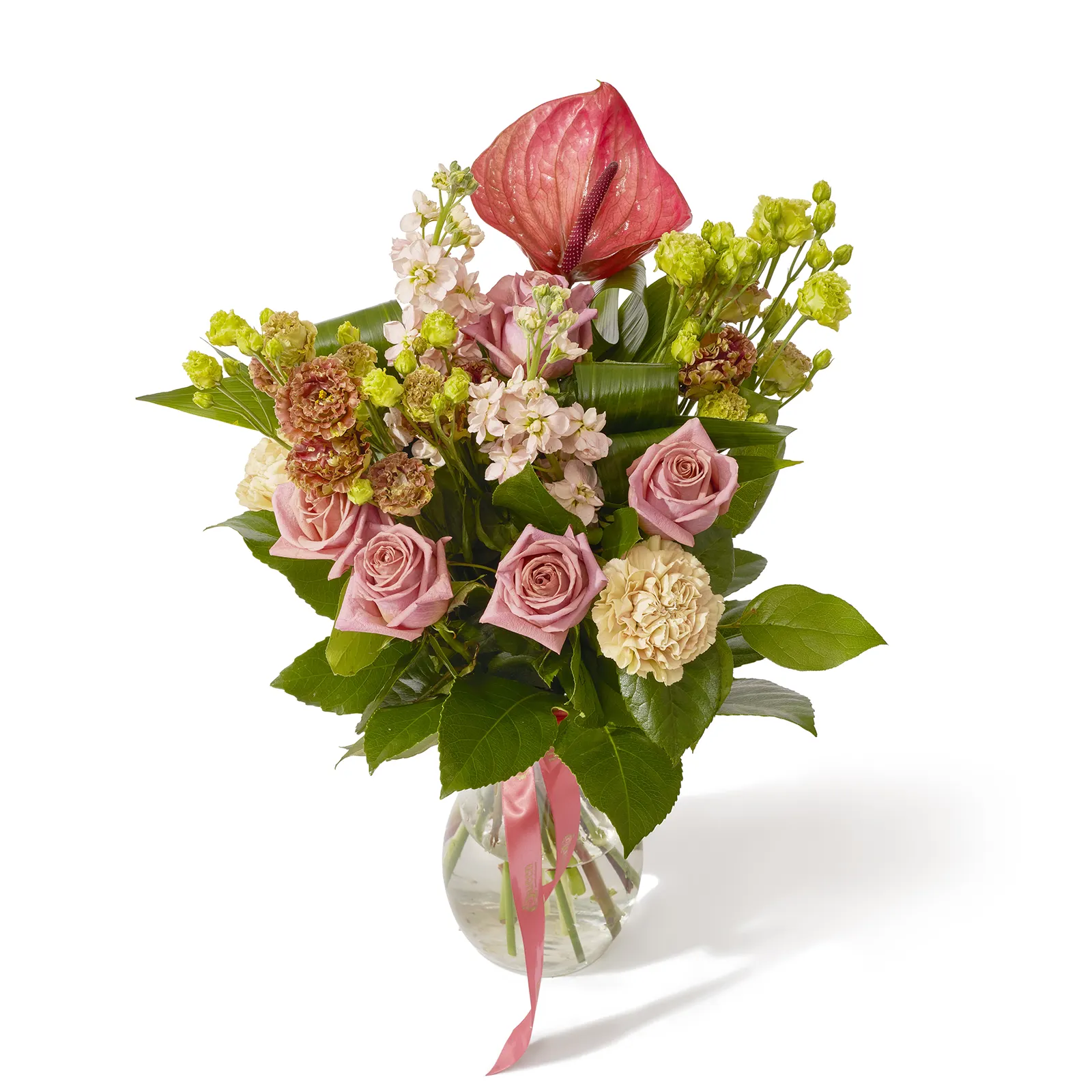 Buchet cu trandafiri, anthurium si lisianthus „Tropical Elegance”