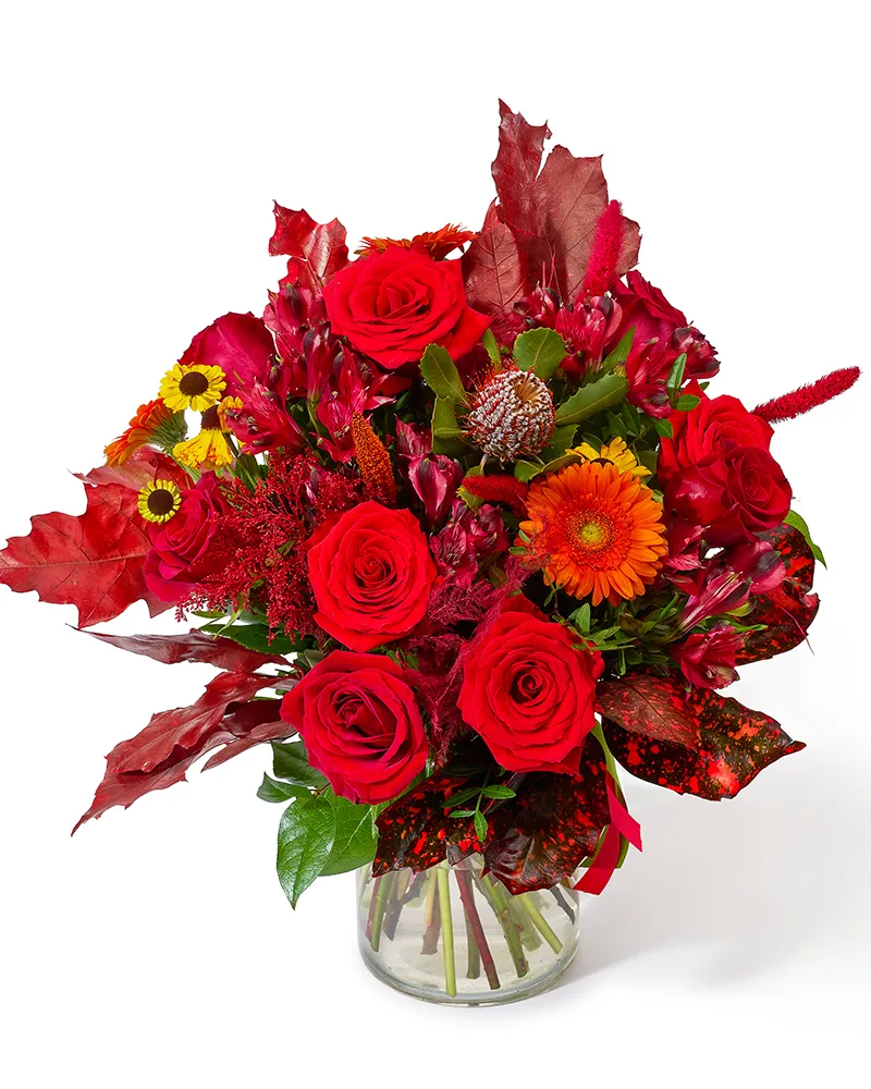 Buchet cu trandafiri, gerbera și alstroemeria „Golden Sunset”