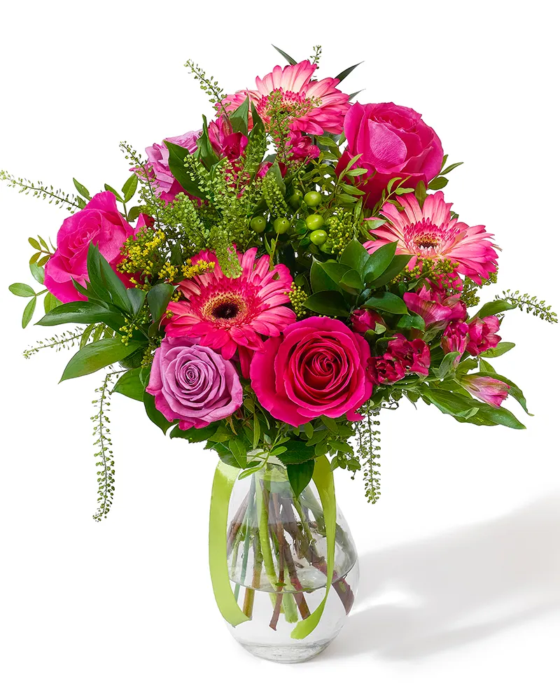 Buchet cu trandafiri, gerbera și alstroemeria „Sunset Bloom”