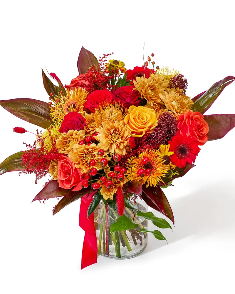Buchet cu trandafiri, gerbera și crizanteme „Harvest Harmony"