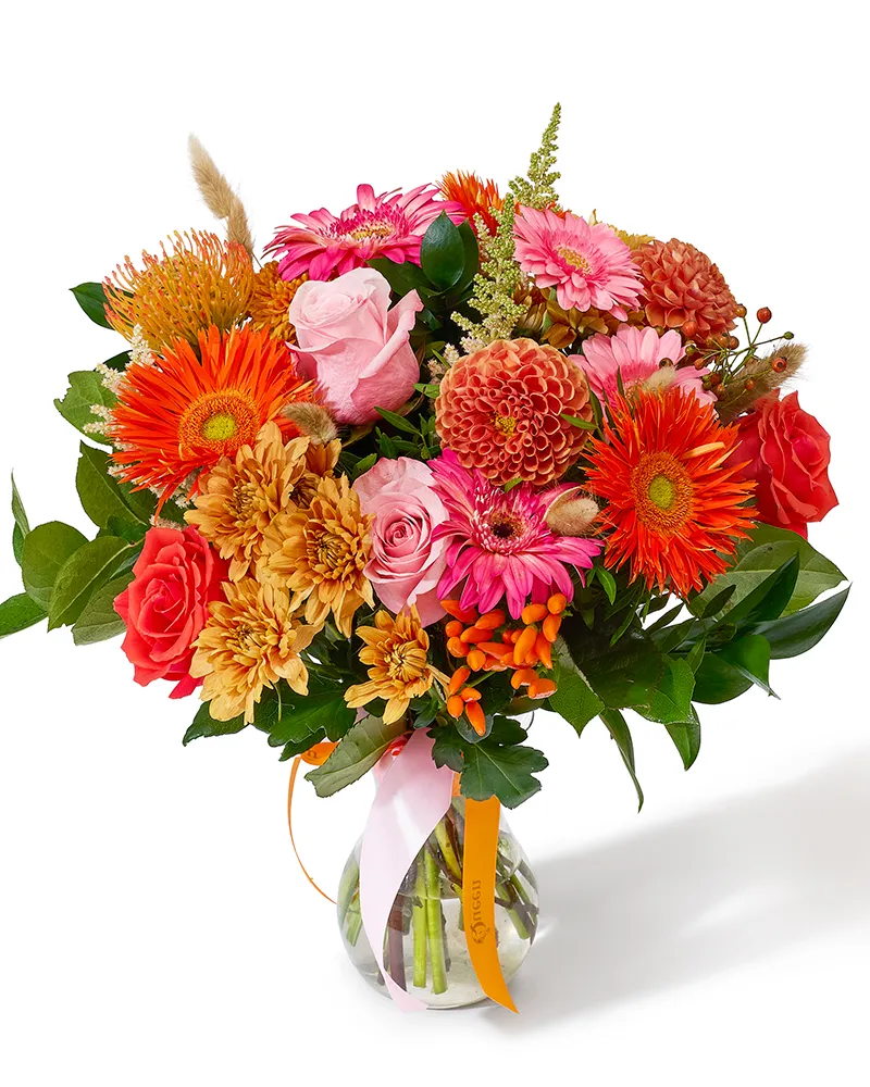 Buchet cu trandafiri, gerbera și dahlia „Sunlit Bouquet”