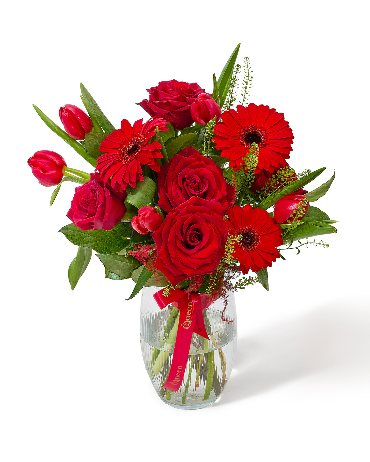 Buchet cu trandafiri, gerbera și lalele „Sunny Bloom”