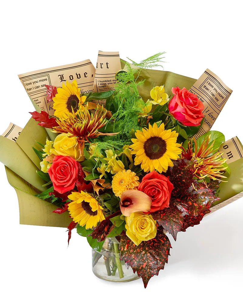 Buchet cu trandafiri, helianthus și alstroemeria „Golden Harmony”