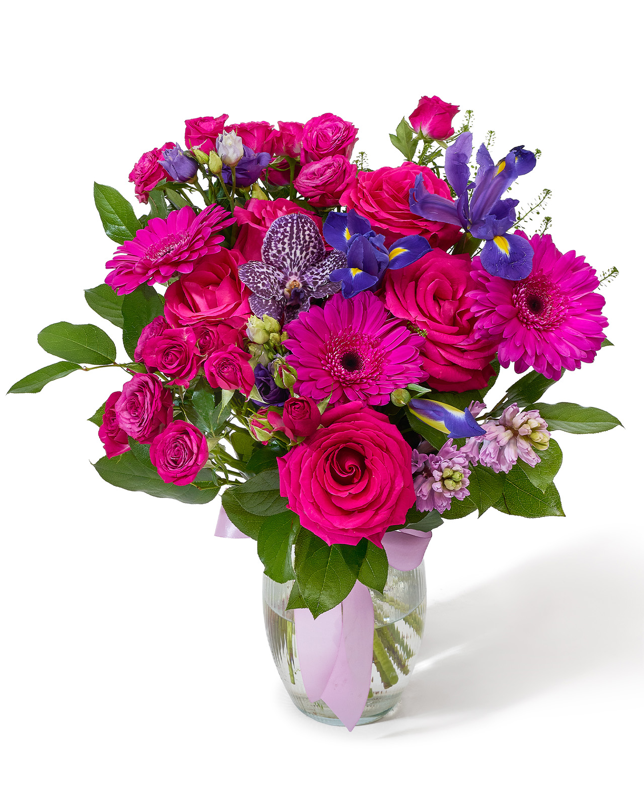 Buchet cu trandafiri, iris și gerbera „Royal Garden”