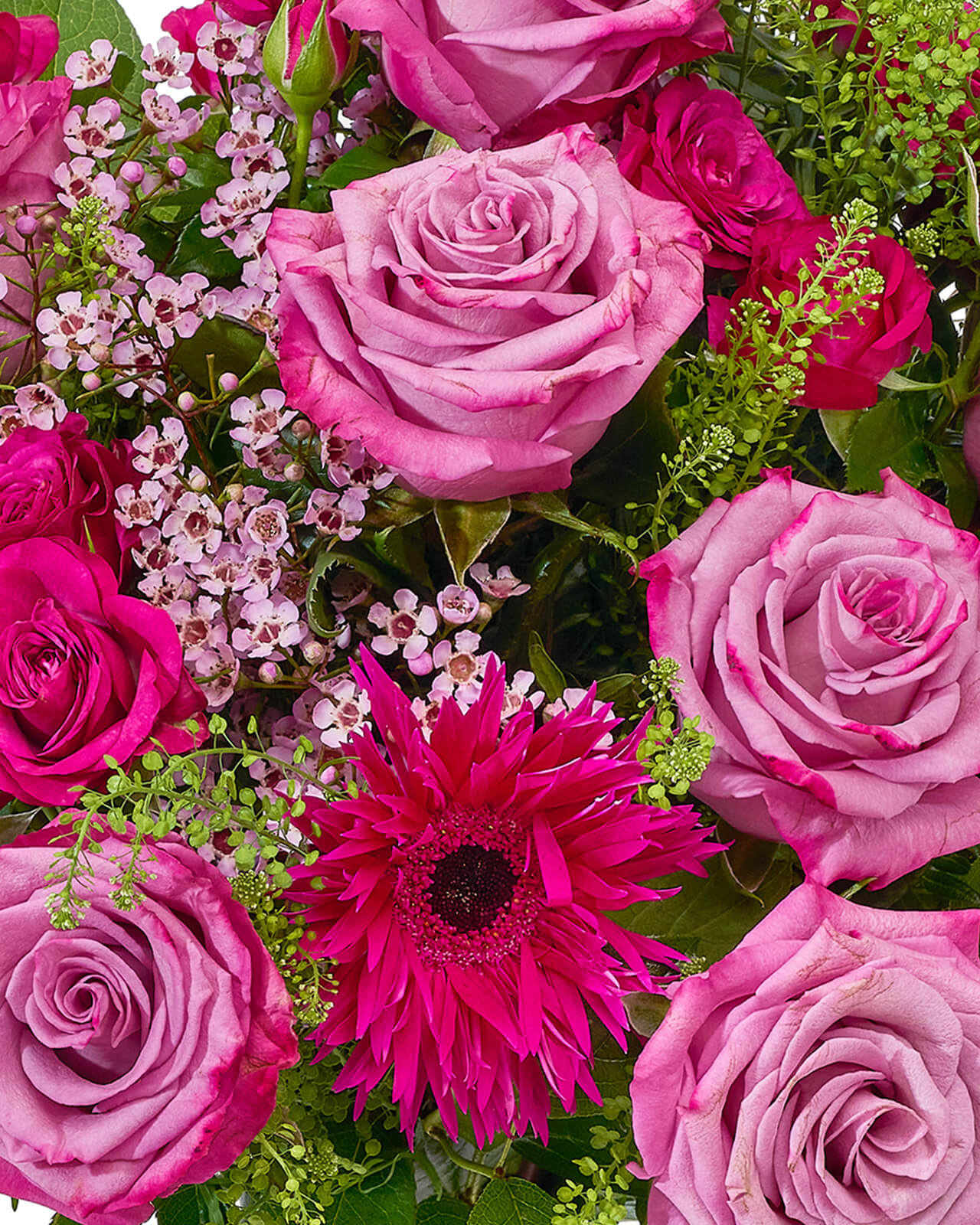 Buchet cu trandafiri, minirosă și gerbera „Elegant Charm”