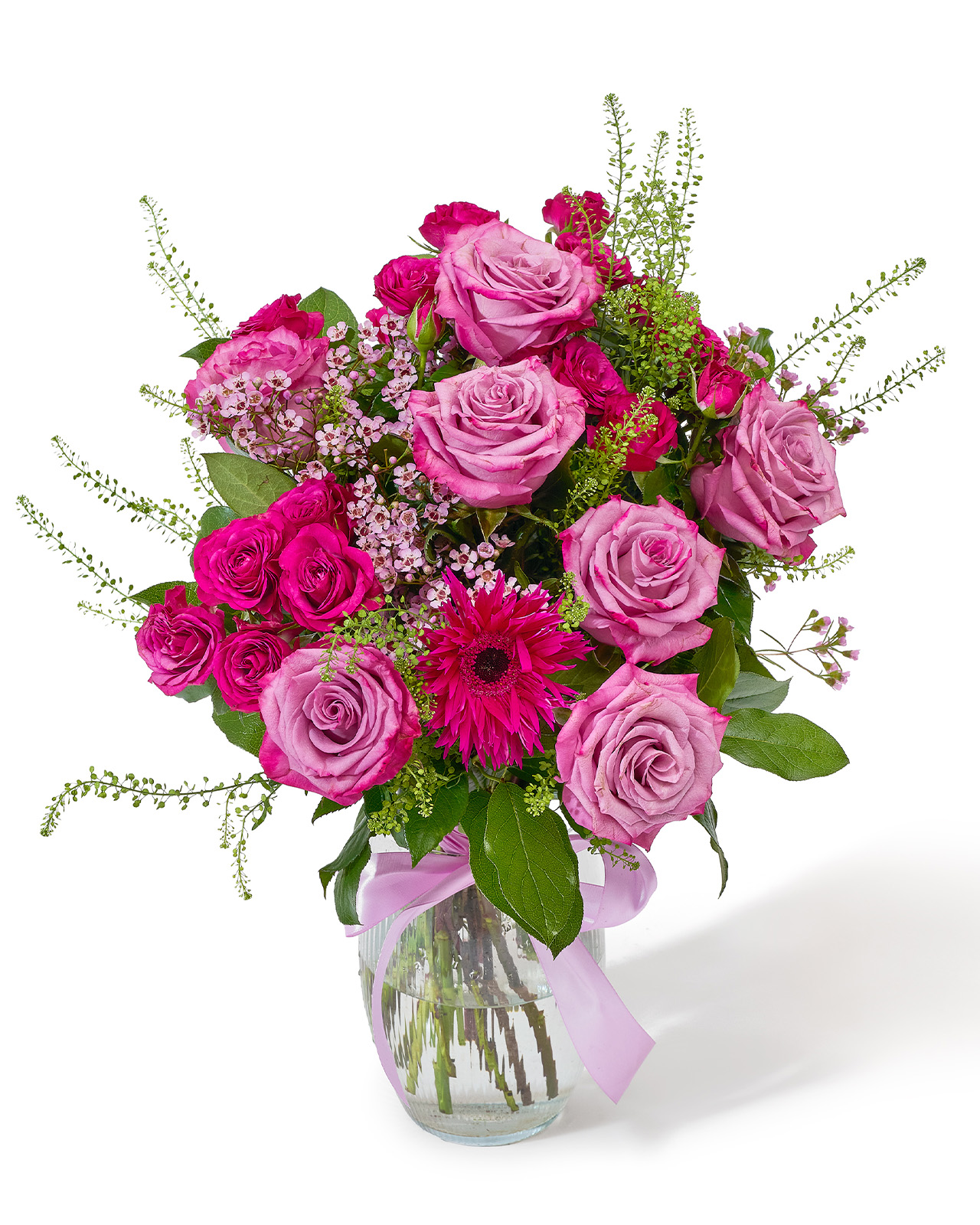 Buchet cu trandafiri, minirosă și gerbera „Elegant Charm”