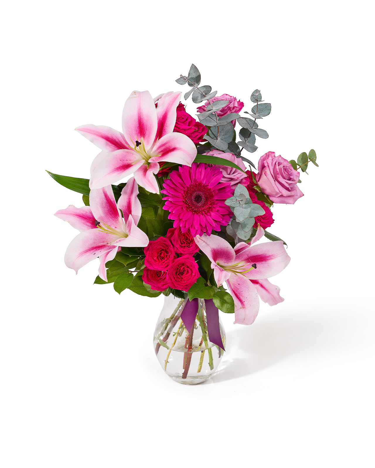 Buchet cu trandafiri mov, crin imperial, gerbera roz, minirose si eucalipt „Dream Bouquet”