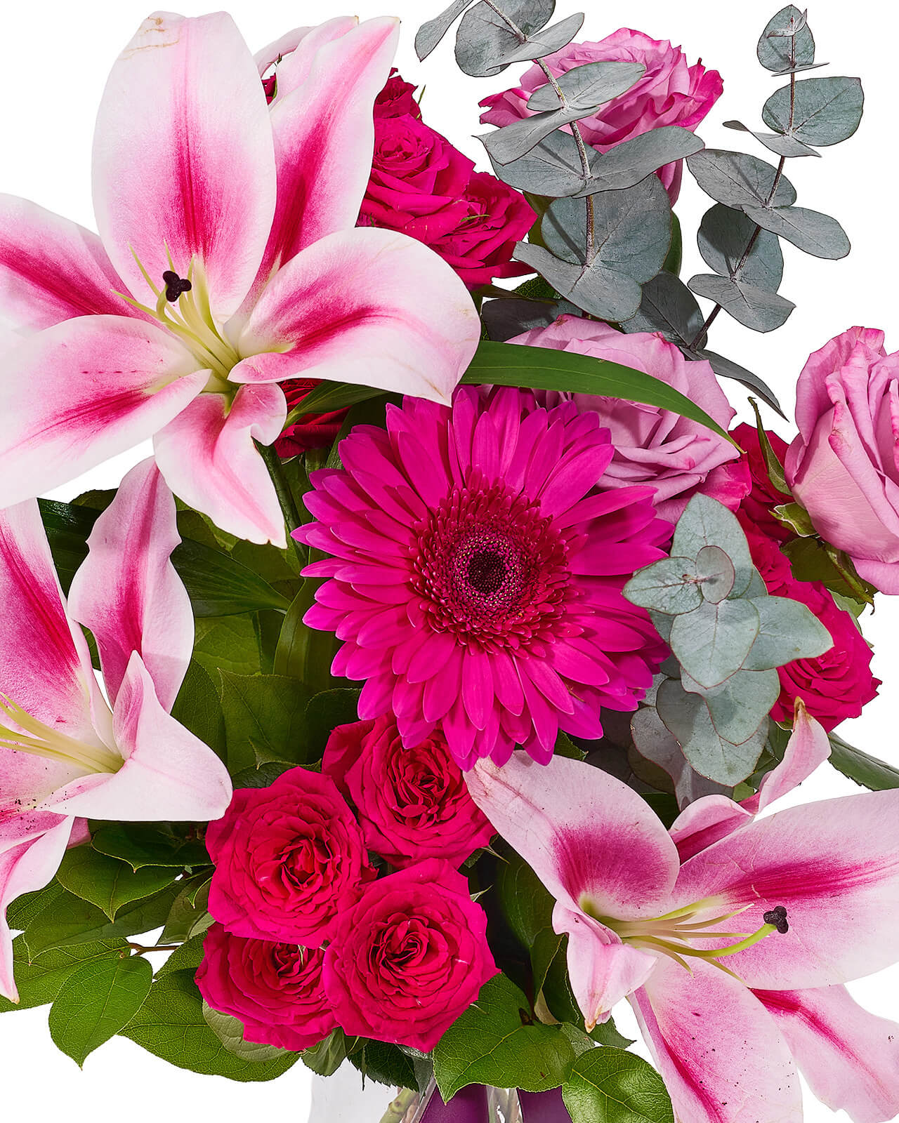 Buchet cu trandafiri mov, crin imperial, gerbera roz, minirose si eucalipt „Dream Bouquet”
