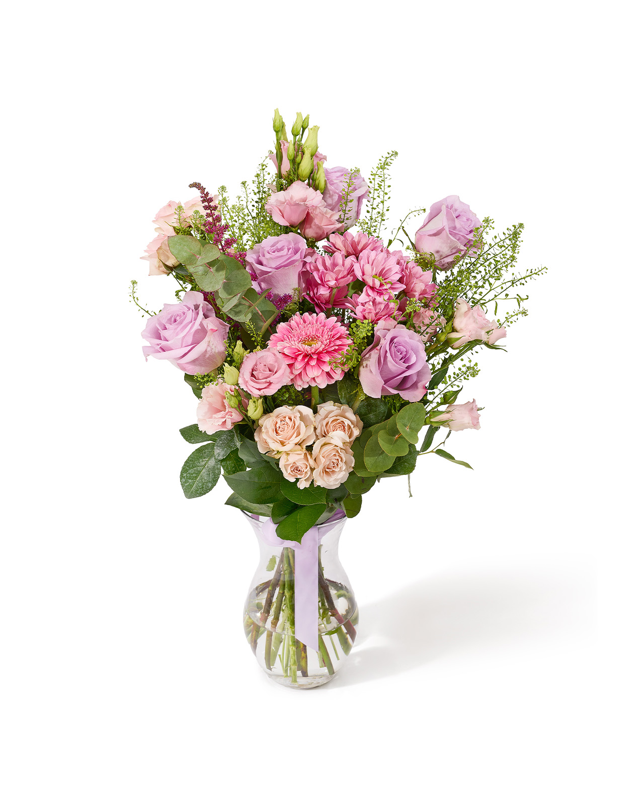 Buchet cu trandafiri mov, lisianthus roz, crizanteme, gerbera roz, minirose si astilbe „Petal Veil”