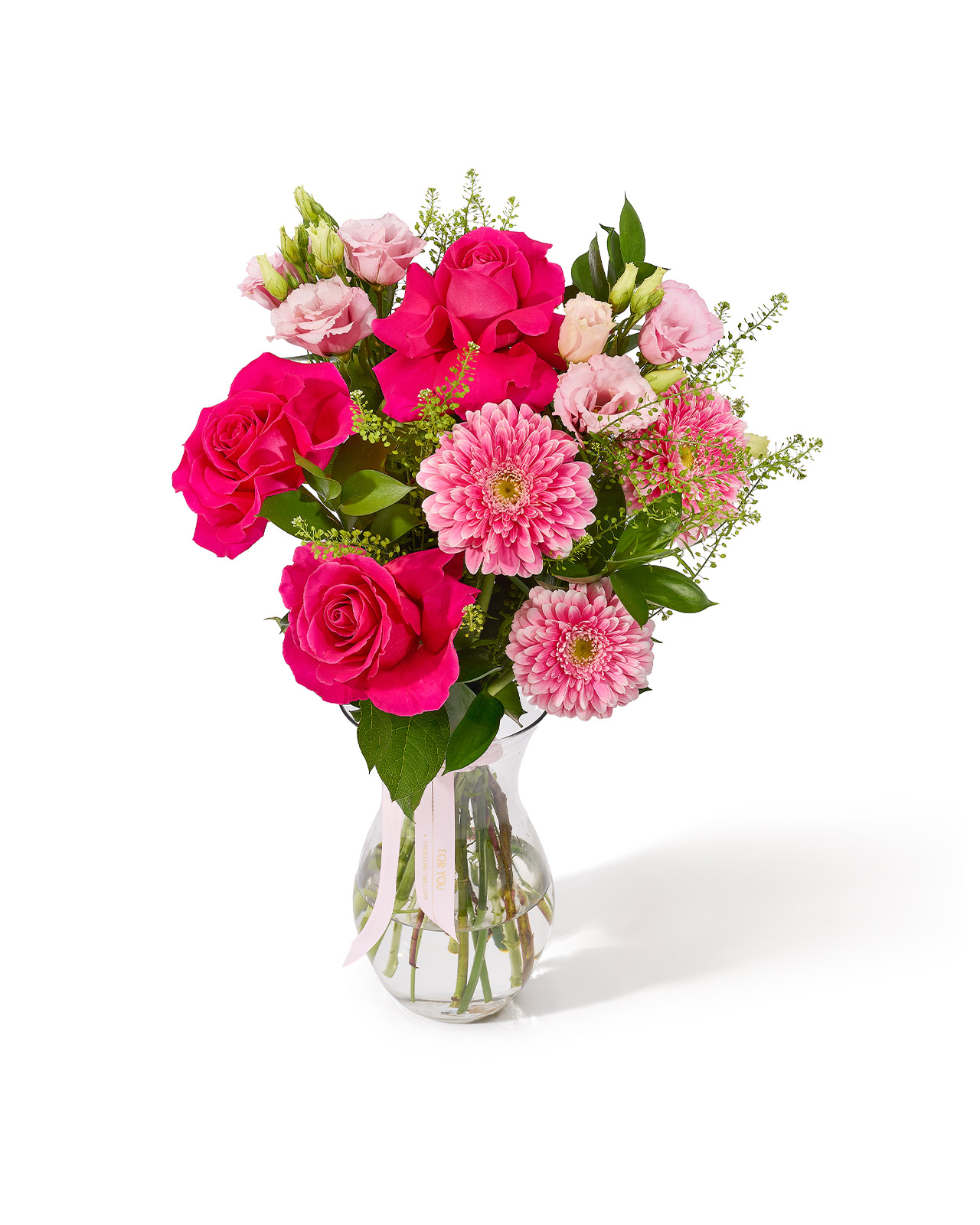 Buchet cu trandafiri Pink Floyd, gerbera roz, lisianthus, ruscus si lepidium „Sunset Blossom Whisper”
