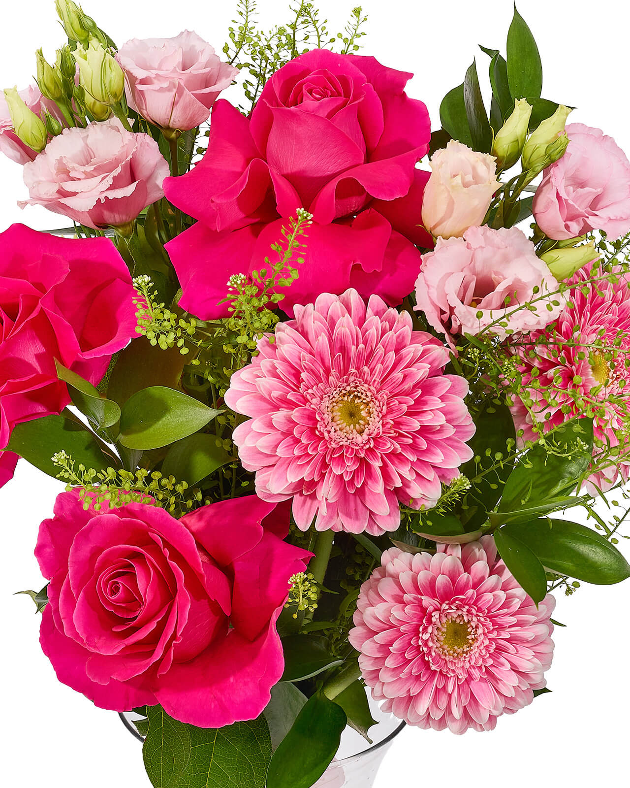 Buchet cu trandafiri Pink Floyd, gerbera roz, lisianthus, ruscus si lepidium „Sunset Blossom Whisper”