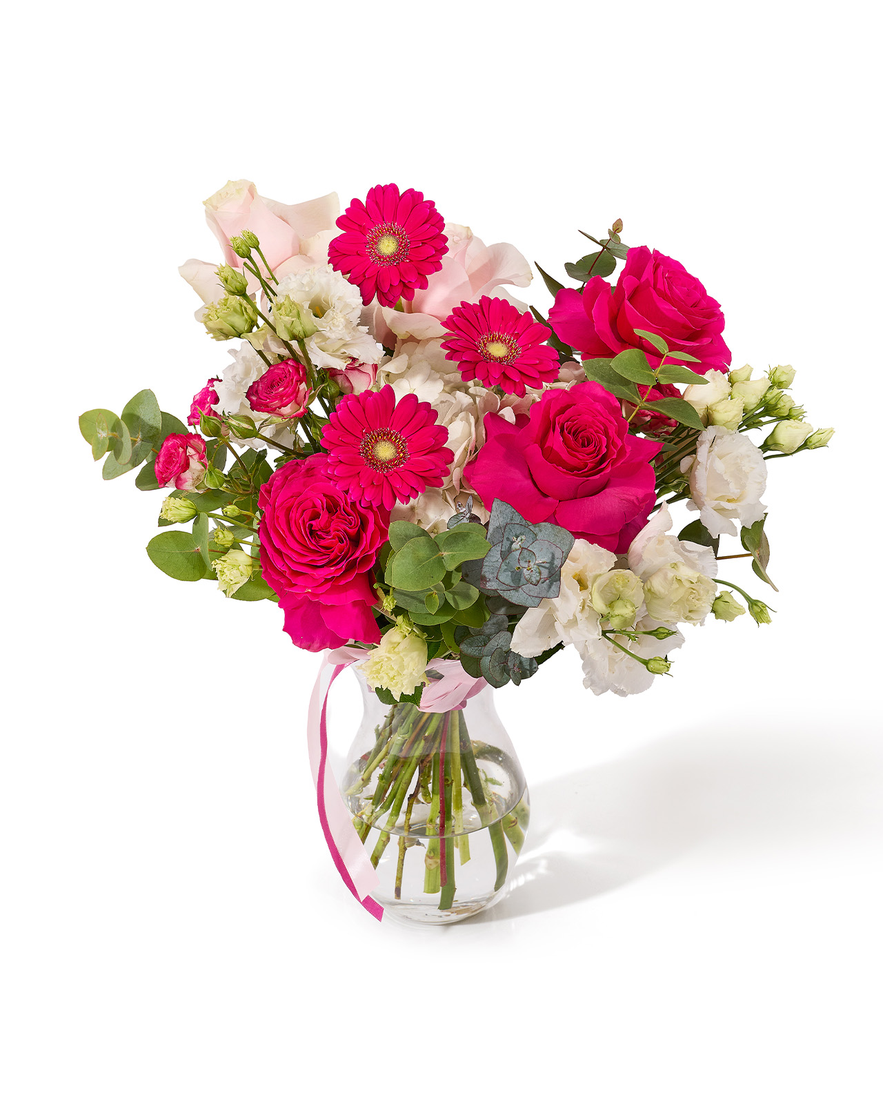 Buchet cu trandafiri Pink Floyd, hortensie si lisianthus „Rose Elixir”
